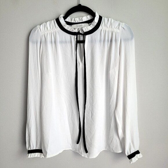 LOFT Off White Flowy Split Rounded Ruffle Black Tie Neck Cuff Ruffle Sleeve Top - Picture 1 of 9